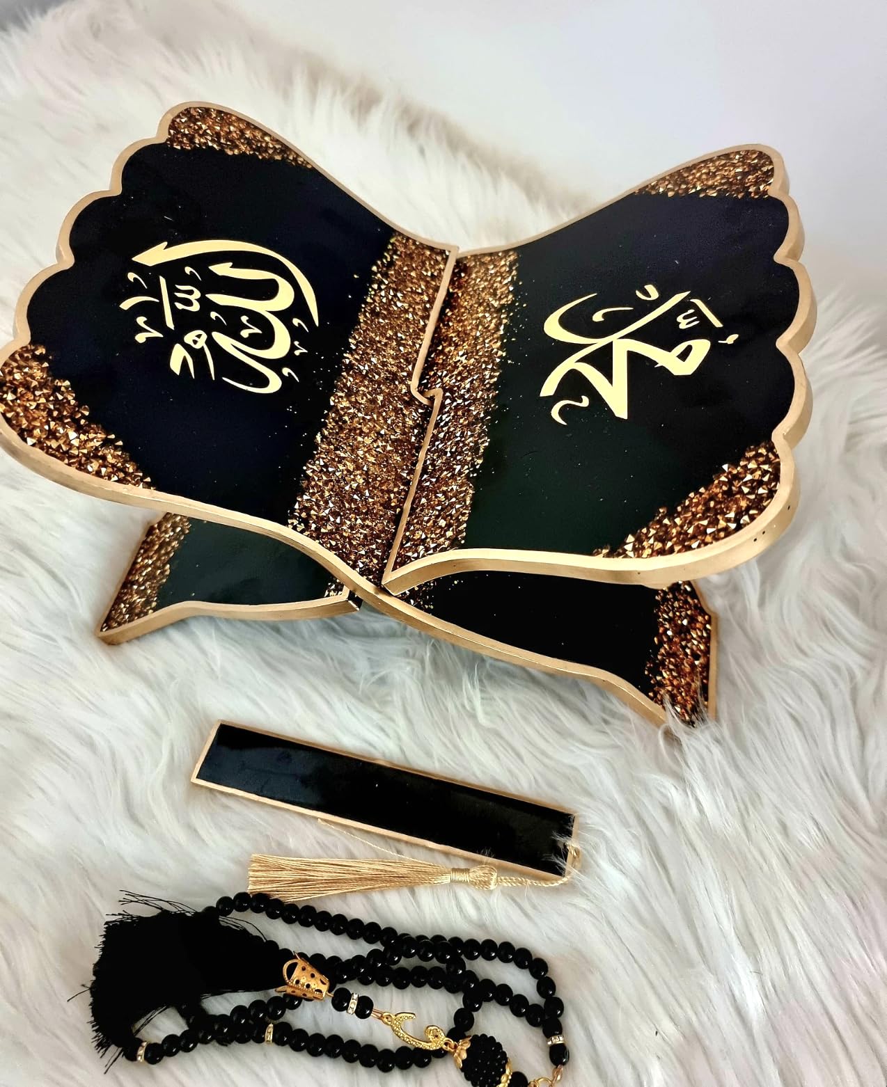 Resin Art Black and Gold Quran Stand with Matching Bookmark and Turkish Tasbeeh. |Ramdhan Mubaraq|-image-34