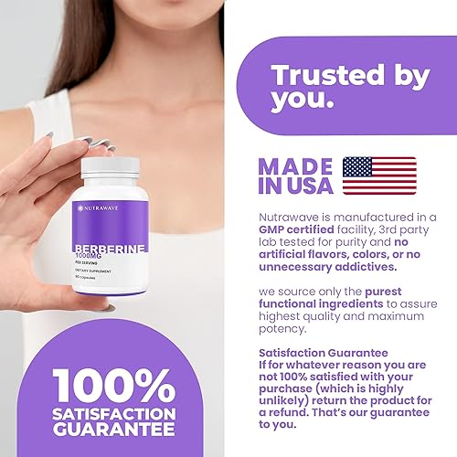 Miniatura 8 de Nutrawave Pure Berberine Máxima Potencia  Apoya los niveles de azúcar en sangre y metabolismo, 1000 mg por porción  2 cápsulas  Para adultos que