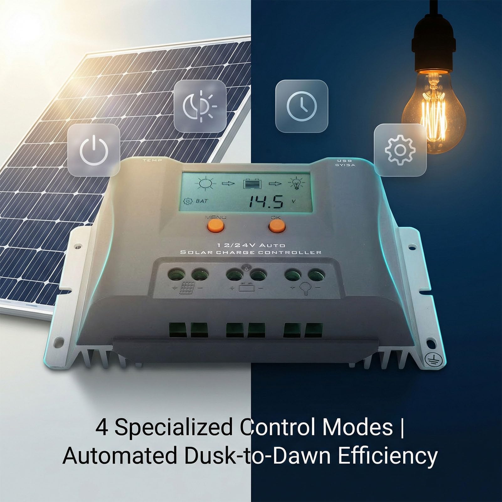Durable 40A MPPT Solar Charge Controller with USB Ports for Communication