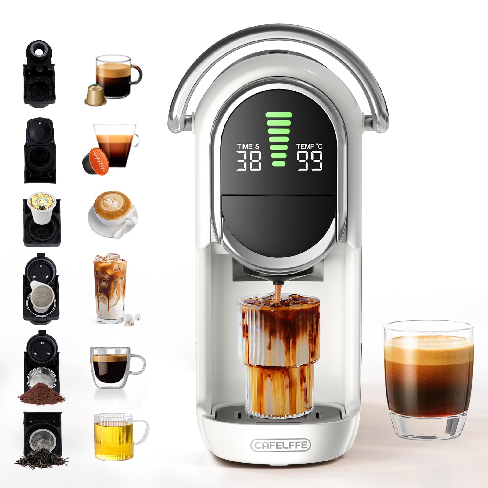CAFELFFE MK-609S ekspres do kawy na kapsułki 6 w 1 z automatycznym odciążeniem, regulacją temperatury i ilości kawy | 6 opcji adaptera do kapsułek, liści herbaty i kawy w proszku, 1450 W, biały
