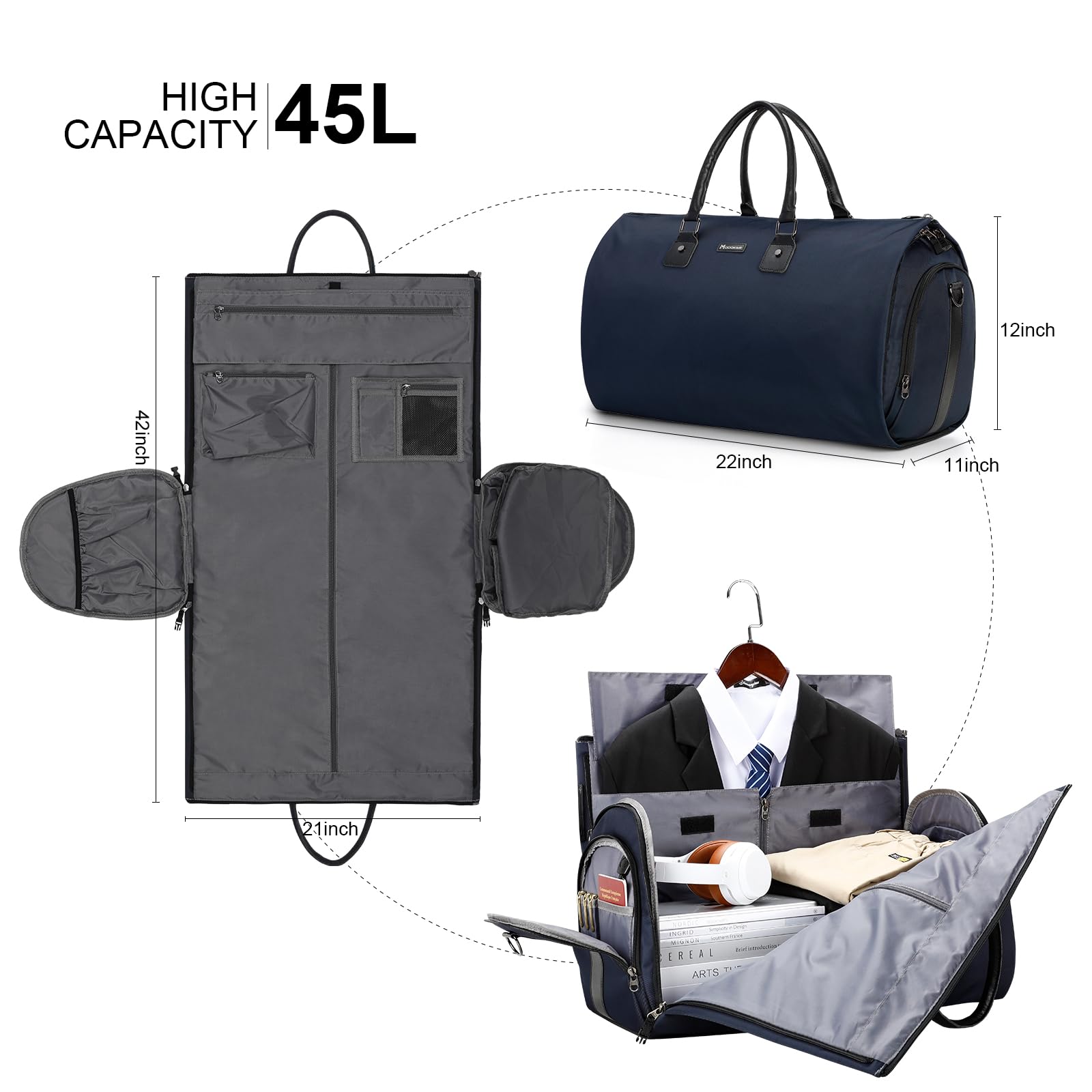 odoker Umwandelbarer Kleidersack für Reisen, Kleidungsstück, Seesack für Männer und Frauen, Reisetaschen für Fluggesellschaften, 2-in-1-Reiseanzug, Duffle Bag mit Schuhfach