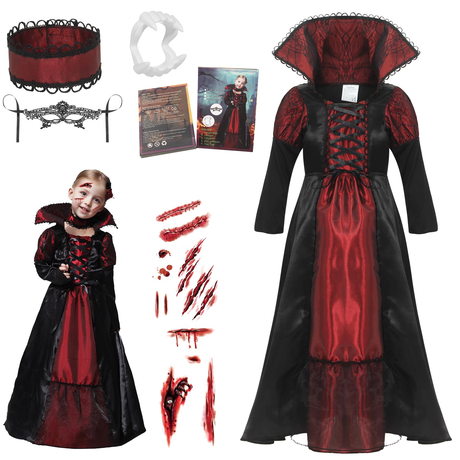 Girls Royal Vampire Halloween Costume Dress with Fangs Face Stickers and Mask