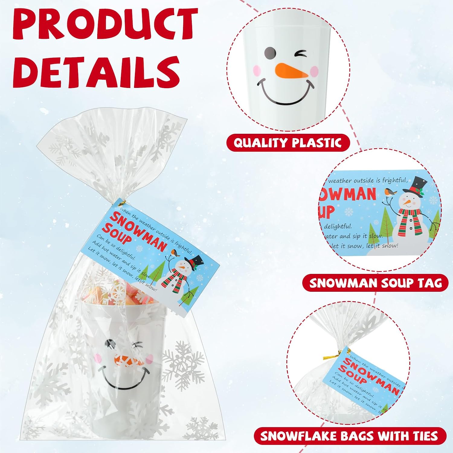Condition photo showing New/Like New for 100 sets christmas snowman soup kits for classroom coworker exchange gift 16 oz plastic christmas snowman cups with soup tags clear xmas bag for hot cocoa chocolate winter