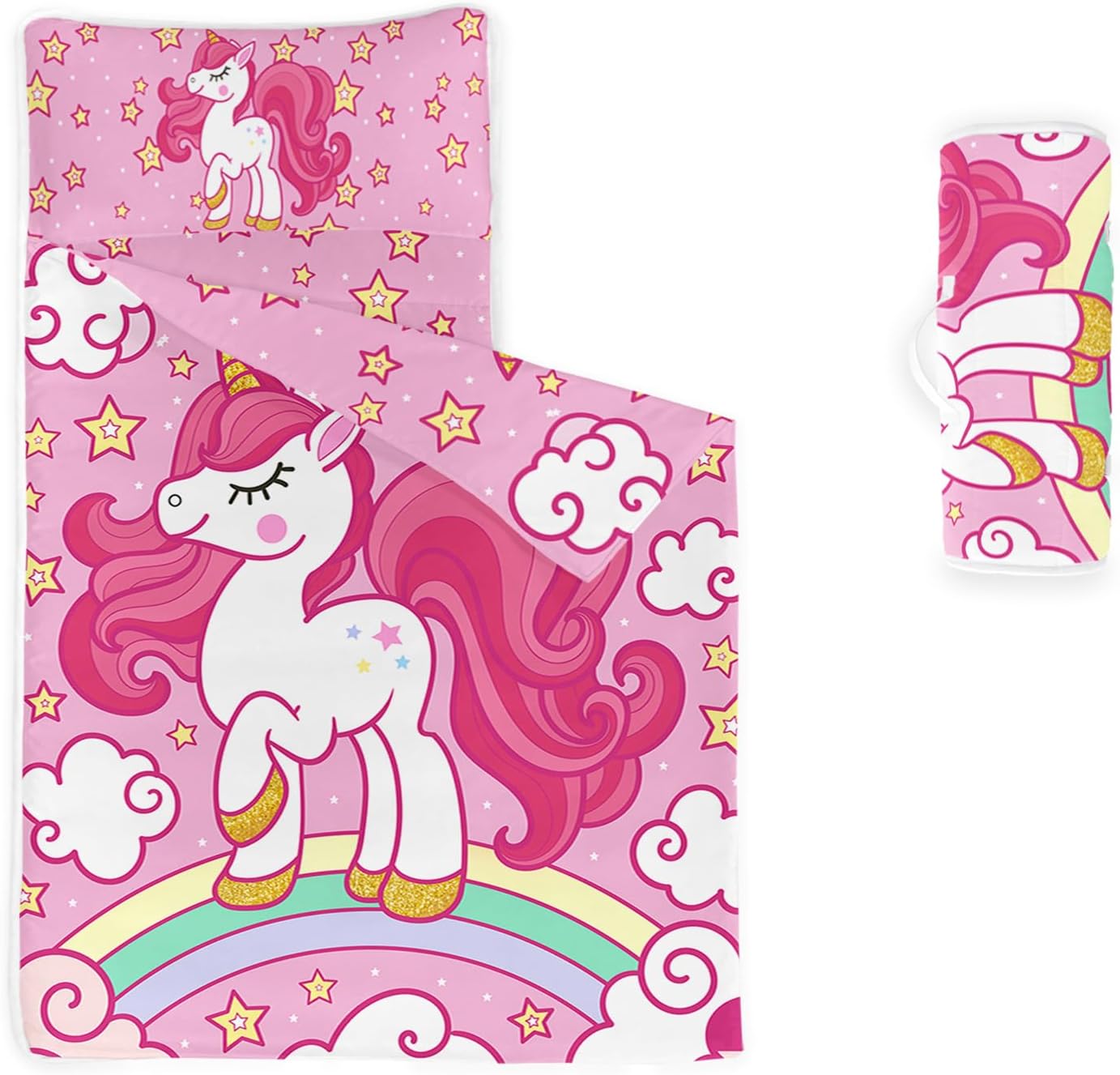 Axolotl Kawaii Unicorn Nap Mat with Pillow and Blanket, Pink Cartoon Unicorn with Rainbow Slumber Bag, Glitter Stars and Cloud Sleep Mat for Teens, Cute Horse Roll up Sleeping Bag, 50" L*21" W