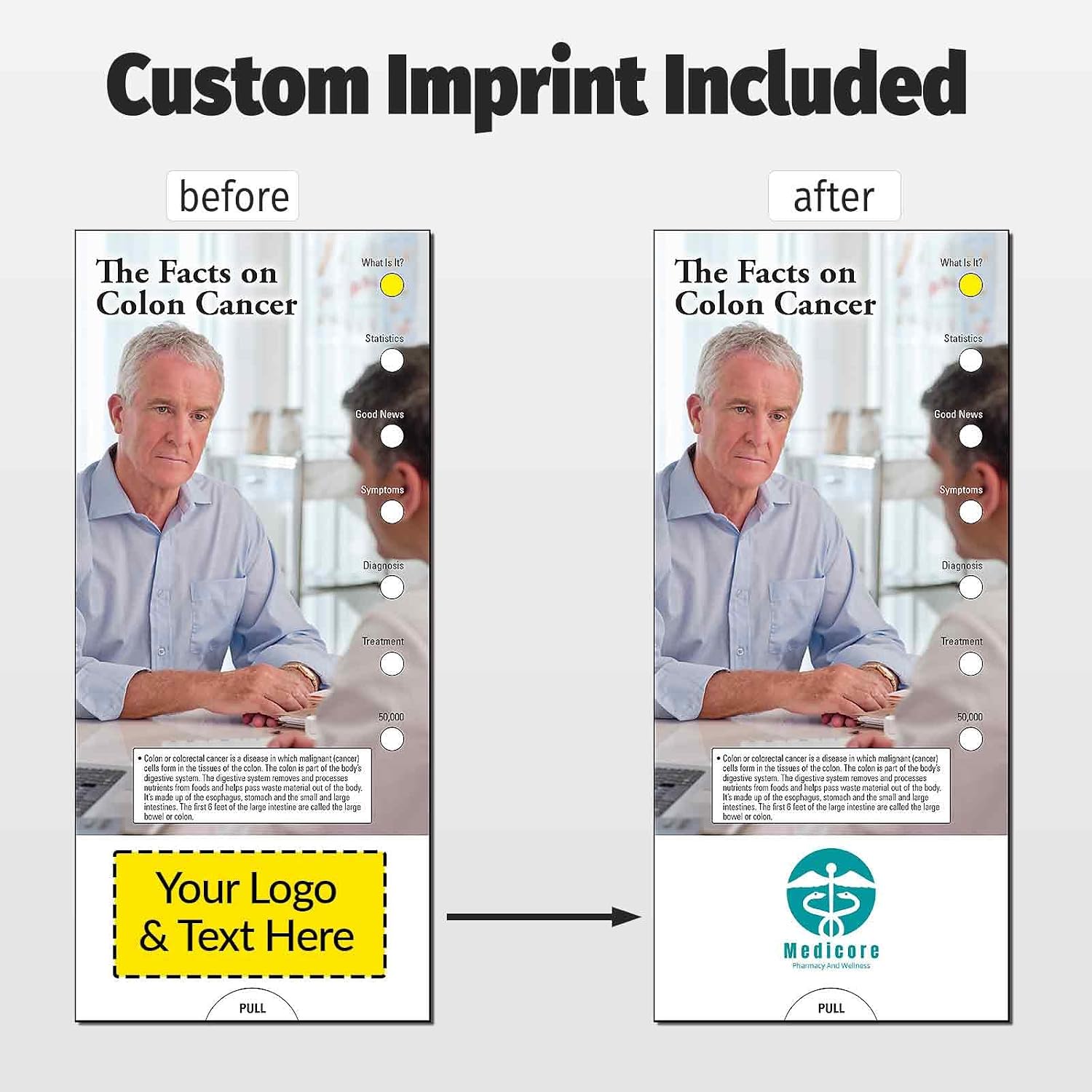 ZOCO – The Facts on Colon Cancer Slide Charts – Pack of 250 – Custom Logo & Text – Prevention, Screening & Treatment Patient Handouts for GI Clinics, Hospitals & Health Fairs – 3.75 x 8.5 Inches