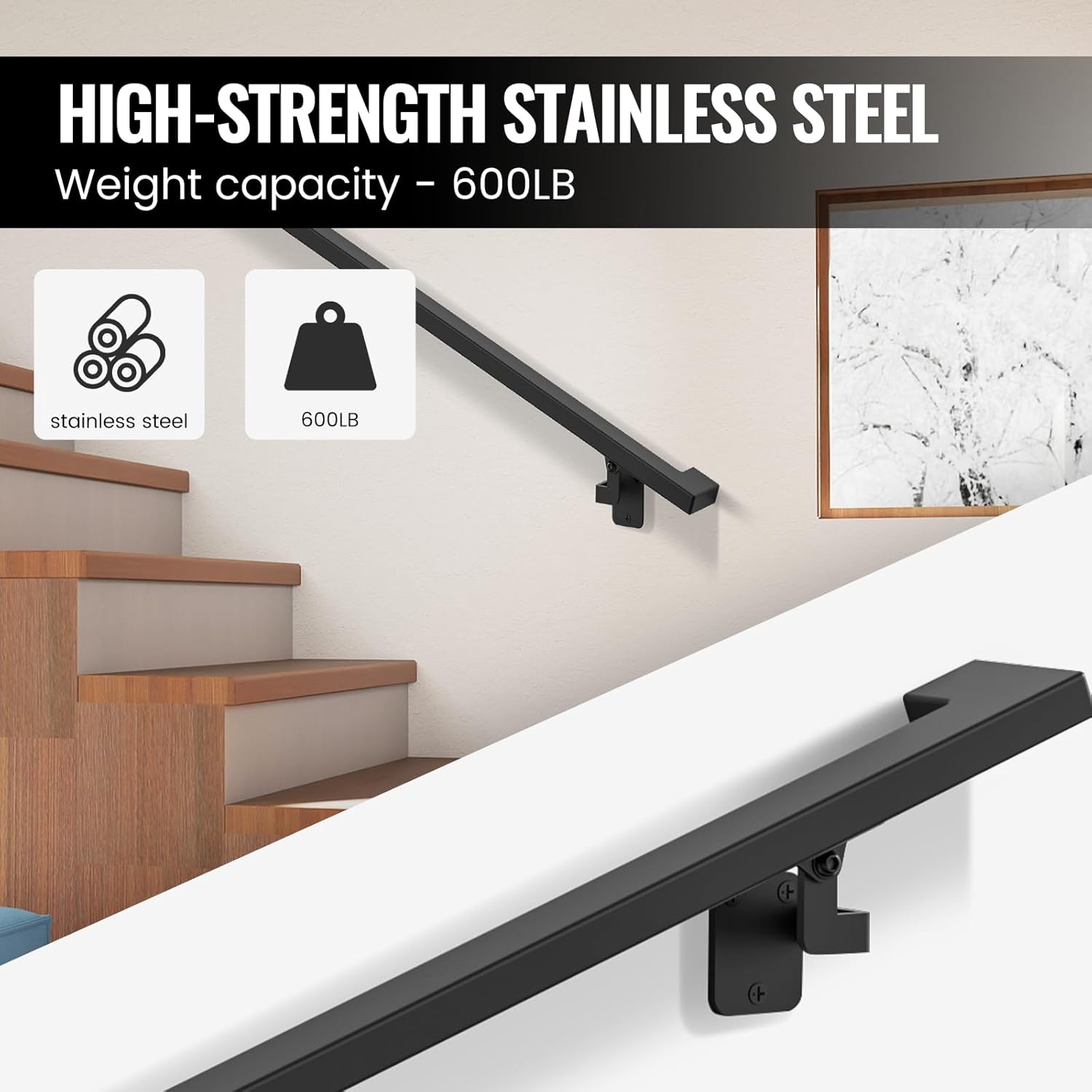 Dawn Railing 4FT Black Rectangle Staircase Handrail Wall Mounted Stair Railing Indoor, ADA Compliance Stainless Steel Handrails for Indoor Stairs, Black Powder-Coated Finish for Stair Porch Steps