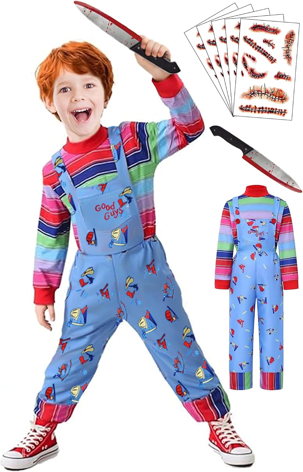 【5 Sizes for 3-11Y】 Halloween Chucky Costume for Kids Jumpsuit Long Sleeve Rainbow Shirt Scar Tattoos Prop Knife