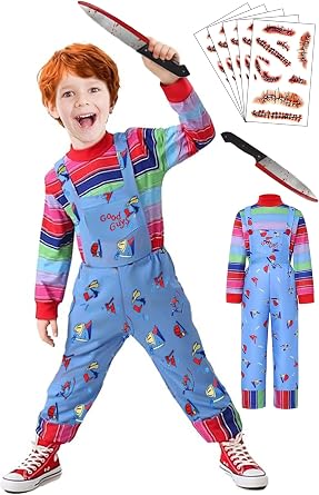 5 Sizes for 3-11Y Halloween Chucky Costume for Kids Jumpsuit Long Sleeve Rainbow Shirt Scar Tattoos Prop Knife