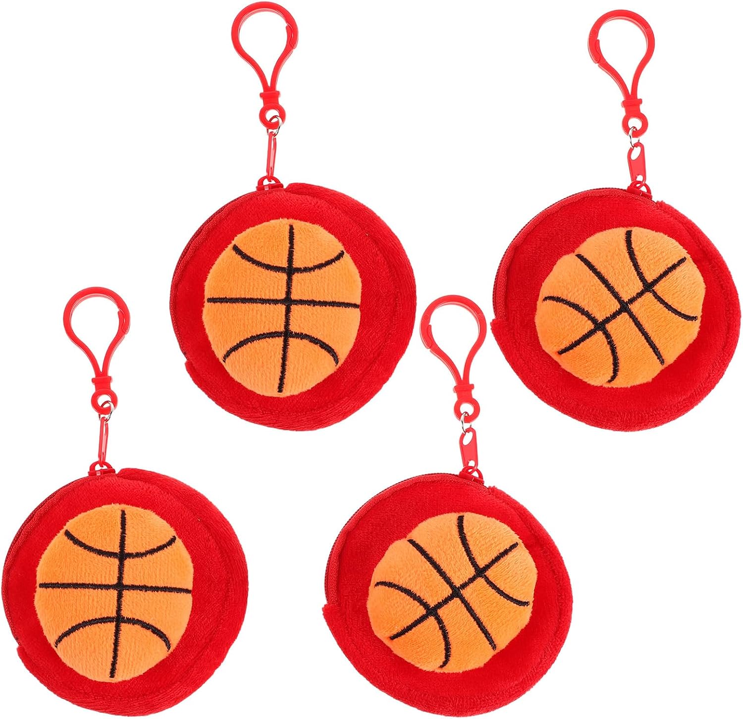 4Pcs Basketball Plush Coin Pouch, Sporty Spherical Purse for Earbuds and Money, 9cm/3.5" Kawaii Change Bag, Round Wallet with Zipper & Hanging Buckle