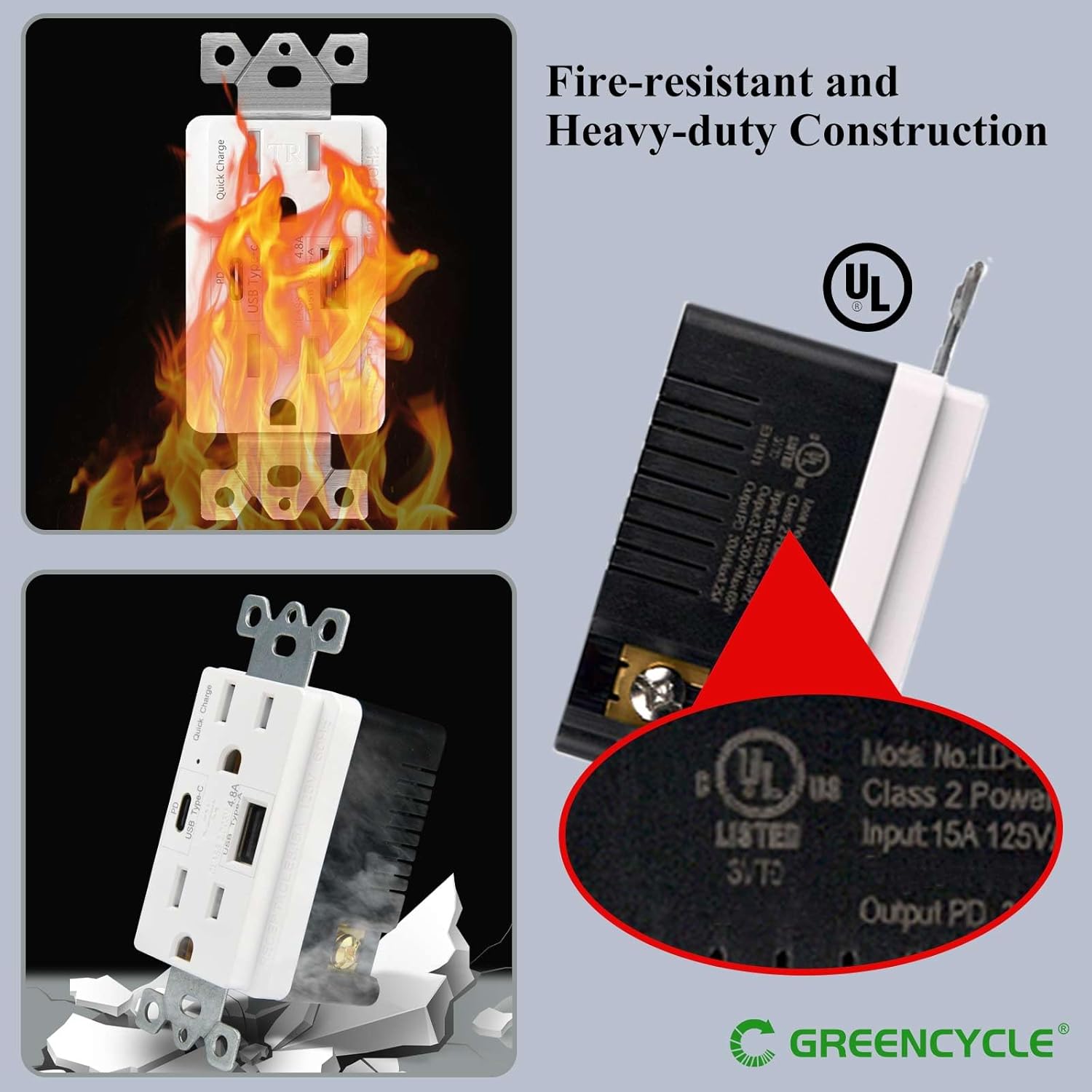 Remote Control Outlet+USB C Outlet PD 24W,GREENCYCLE 1PK 15 Amp Wall Outlet with Fast Charge,Wall Mounted Outlet with 4.8A USB A/C Ports,Large Watt USB C Outlets,Wall Plate Included,Commercial Grade,U