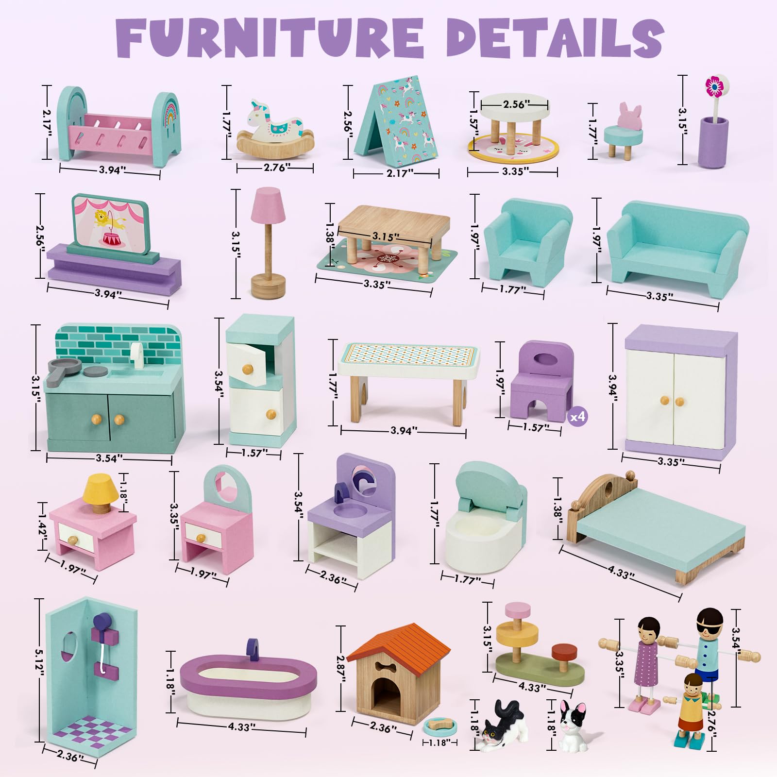 Juego de muebles de casa de muñecas de madera, 39 piezas con 5 habitaciones, muñecas familiares y mascotas, accesorios y muebles de casa de muñecas de madera, accesorios de casa de 8