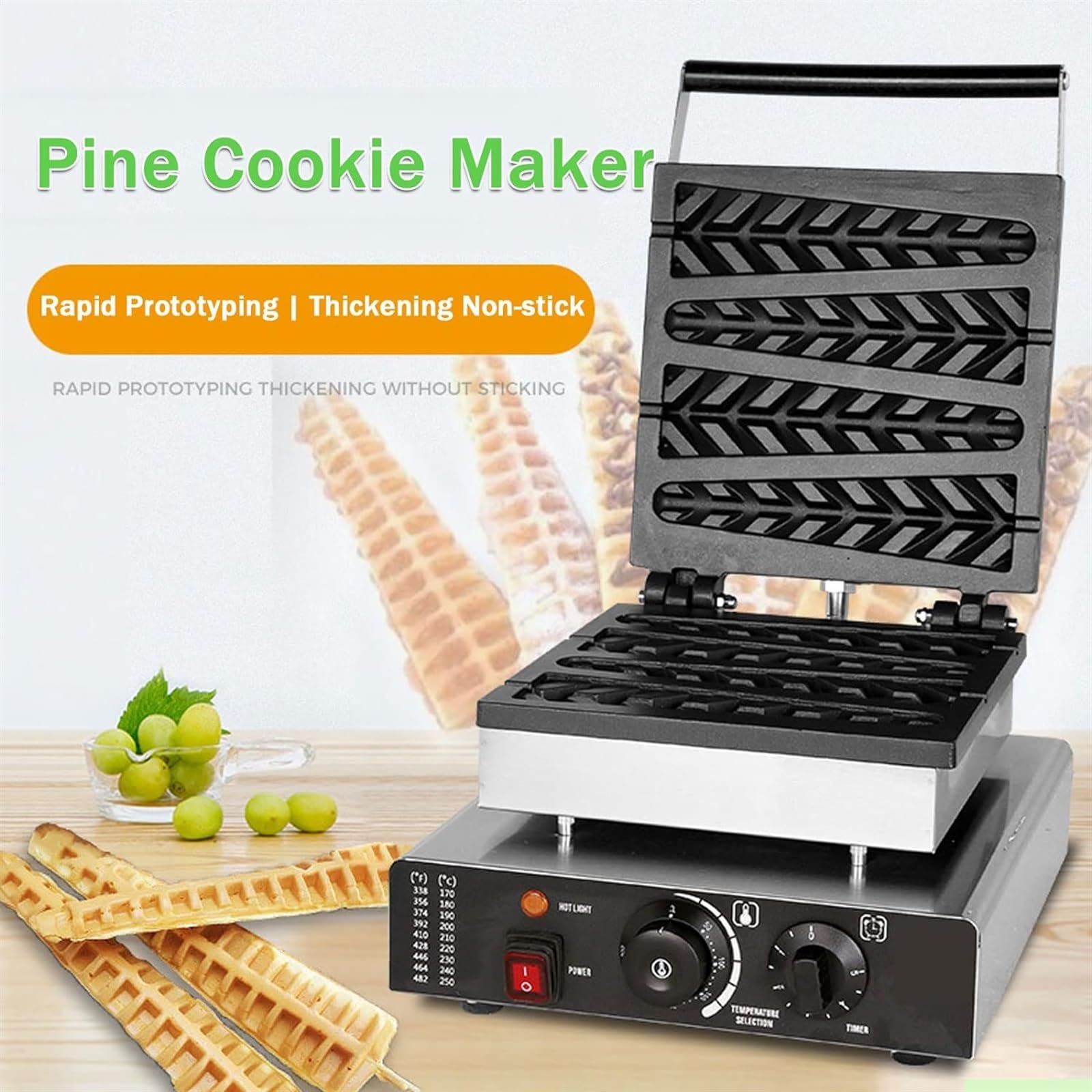 Macchina per Waffle 4 Pezzi, elettrica Commerciale, in Acciaio Inossidabile, a Forma di Albero, con Controllo della Temperatura e del Tempo, Maniglia atermica, Adatta per panetteri,Style1