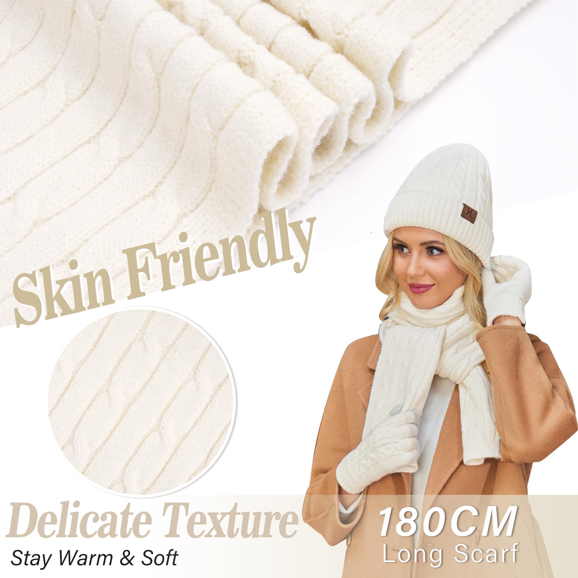 Femme Hiver Bonnet Chapeau Écharpe Écran Tactile Gants Ensemble Chaud Tricot Polaire Doublé Casquette Foulard Gant Cadeaux de Noël Anniversaire pour Femmes