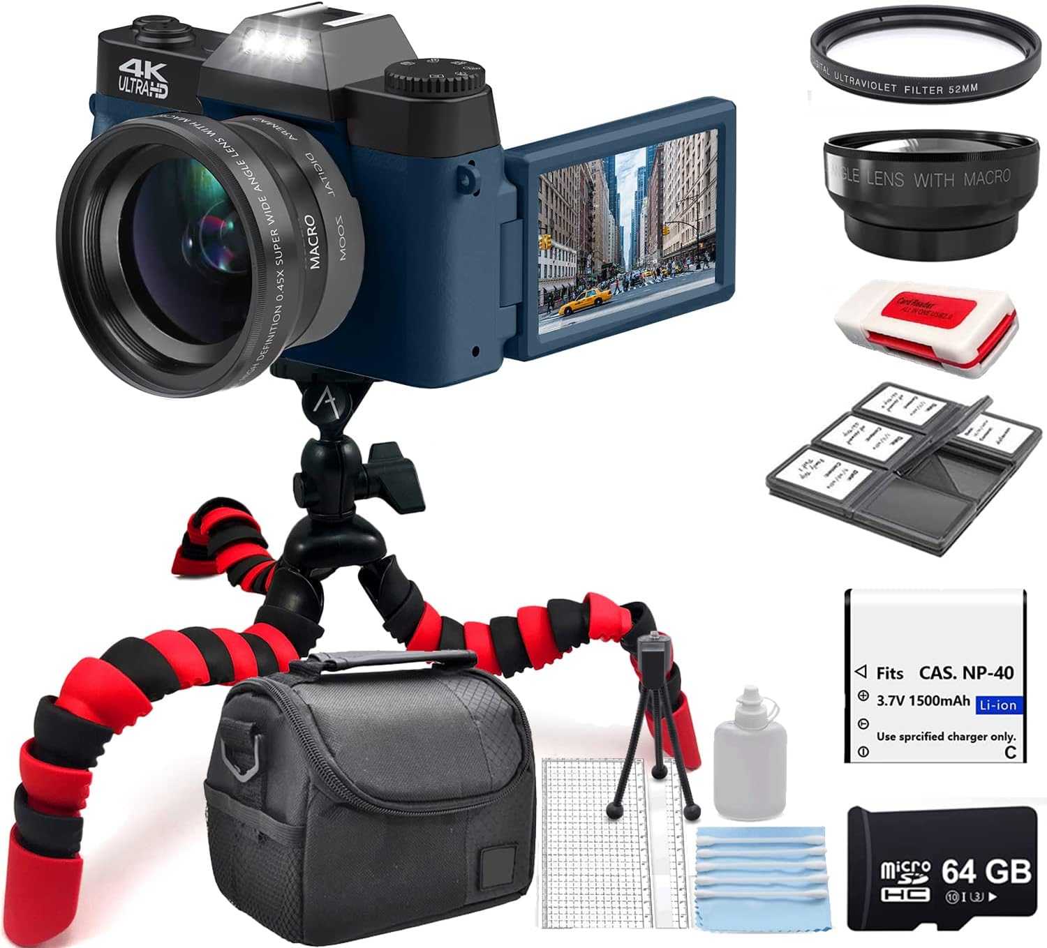 Acuvar 4K 48MP Digital Camera Kit for Photography, Vlogging Camera for YouTube with Flip Screen, WiFi, Wide Angle & Macro Lens, 64GB Micro SD Card, 12" Flexible Tripod, Carrying Case, Card Reader