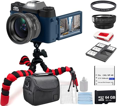 acuvar 4k 48mp digital camera kit for photography vlogging camera for youtube with flip screen wifi wide angle macro lens 64gb micro sd card 12