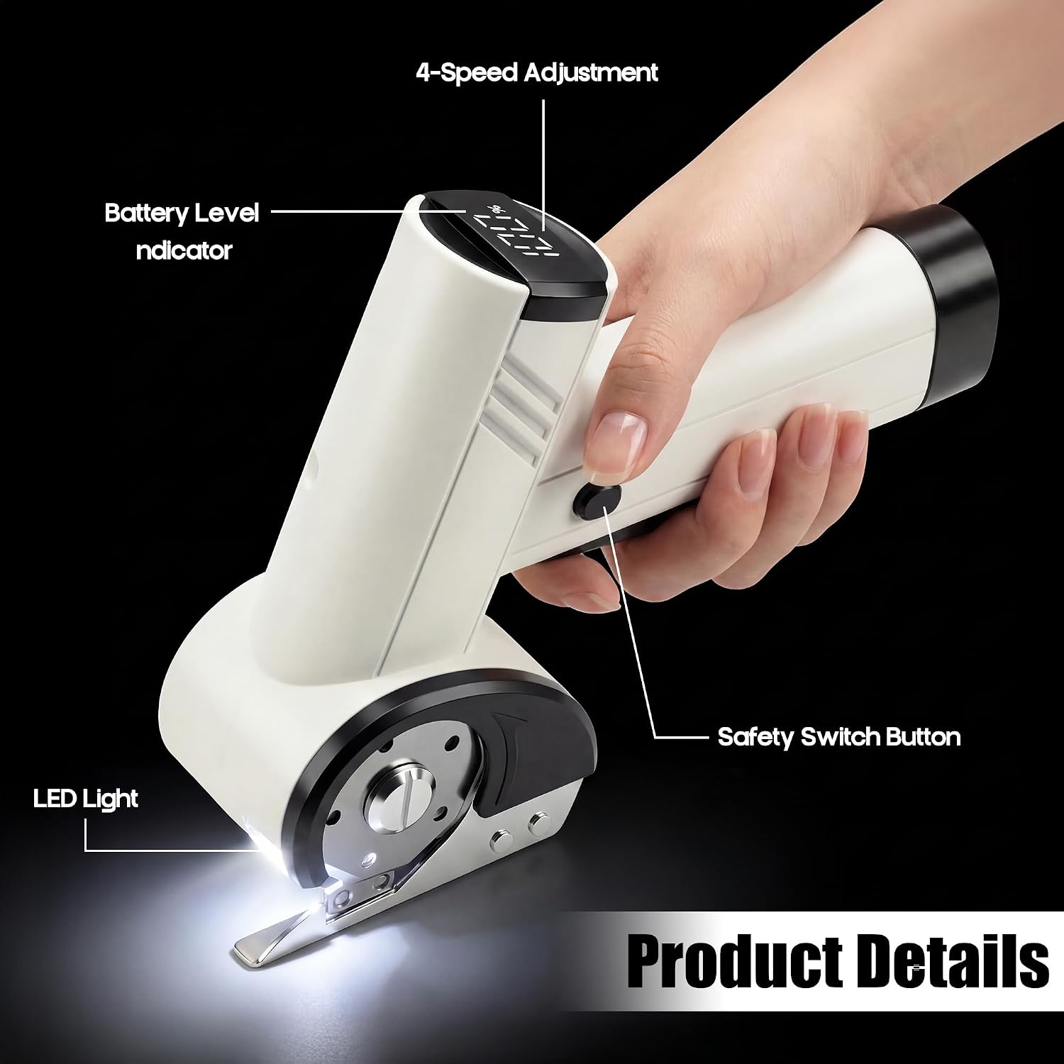 4.2V Electric Cardboard Cutter - 4 Speed Adjustable, LED Light, Battery Level Display, Replacement Blades, Rechargeable Cordless Electric Scissors for Plastic, Carpet, Leather (White)