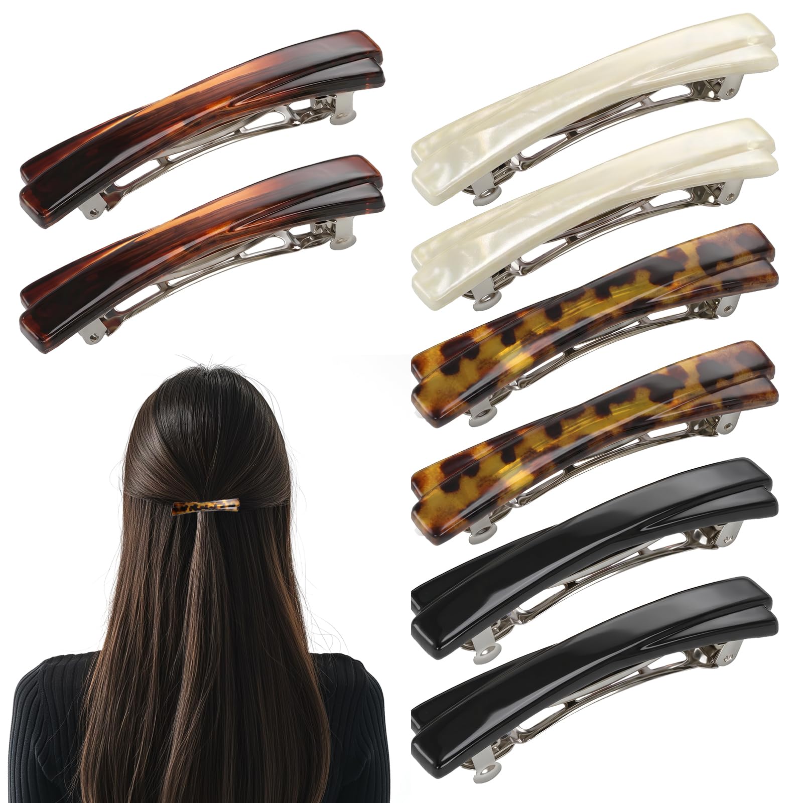 8 Pcs French Hair Barrettes 2.56 Inch Small Barrettes Tortoise Hair Barrette for Women Fine Hairs Cute French Roll Hairs Clip for Fine Thick Thin (Black, White, Leopard Color, Amber)