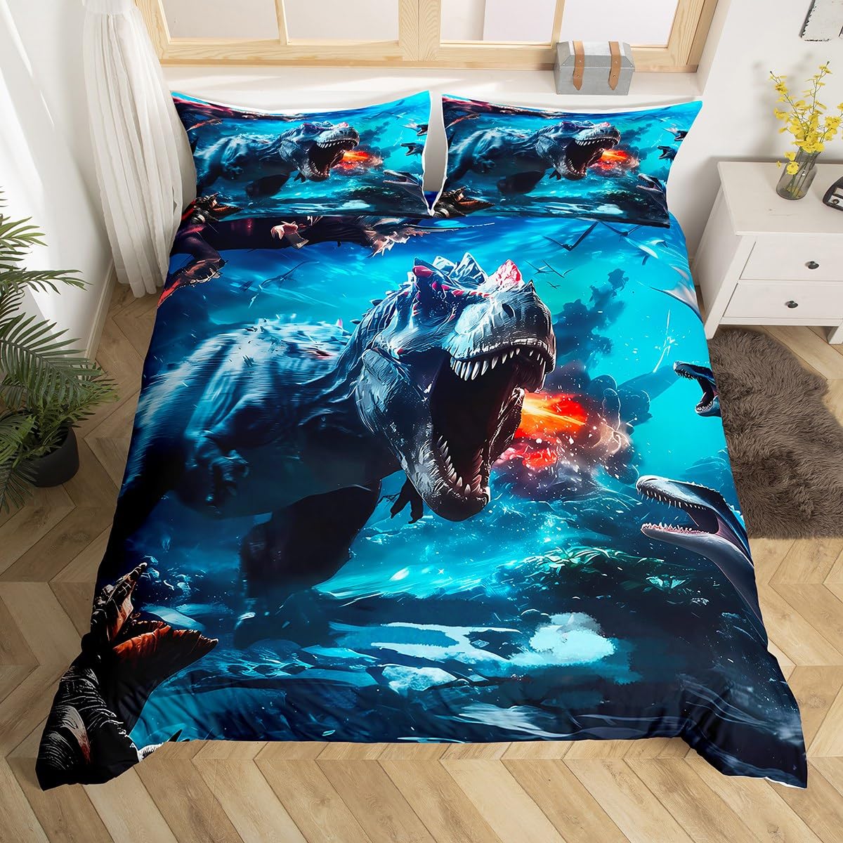 Loussiesd Jungle Dino Comforter Cover Single Size Dinosaur Bedding Set for Kids 3D Dino Duvet Cover Women Men Teens Ultra Soft Decor Wild Animal Zipper Closure All Season Breathable Lightweight