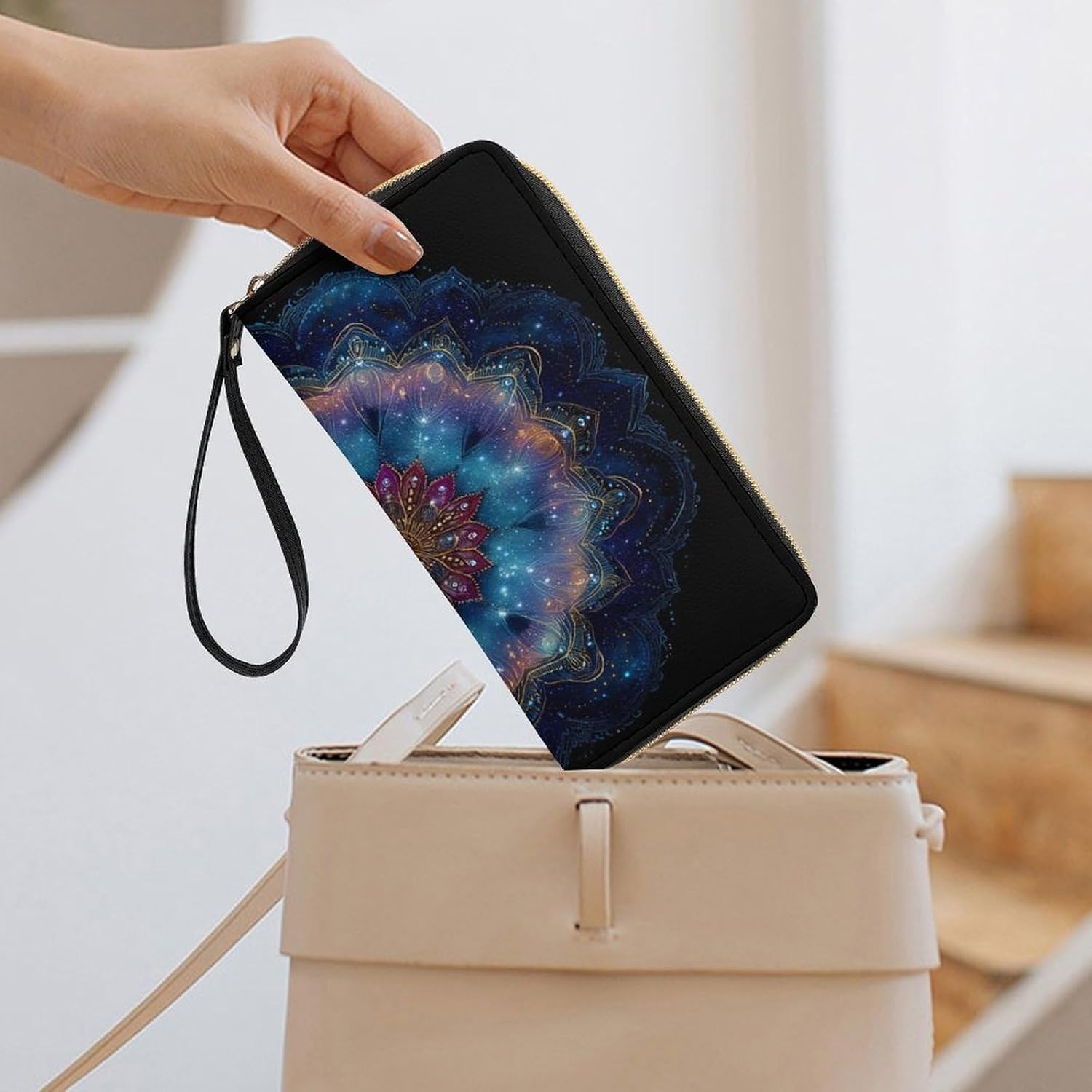 Whimsical Nebula Mandal Long Zippered Pouch Large Clutch Cash Wallet with Rope Handle for Men Women