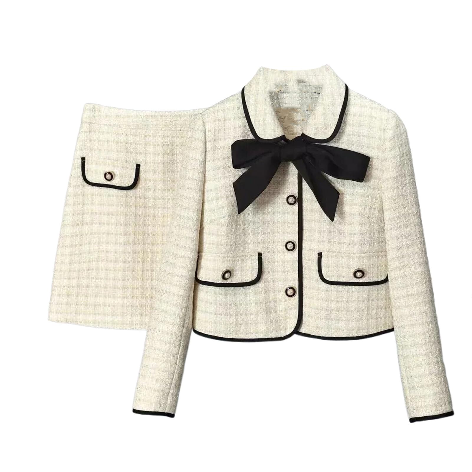 Damen-Tweed-weißer Anzug Jacke Mantel Oberteil und Rock Elegantes zweiteiliges Set passendes Outfit Winter-Jacquard-Kleidung
