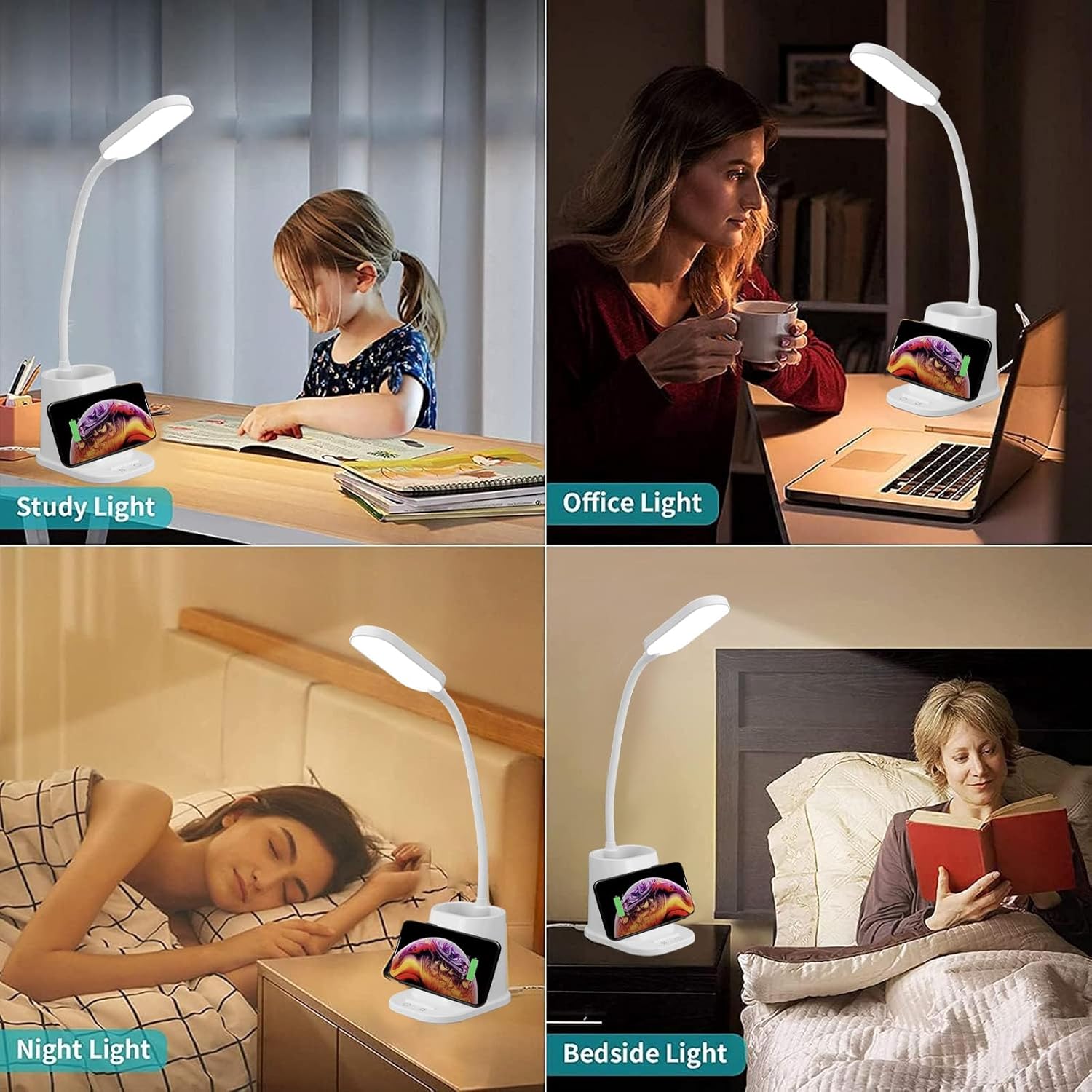 Fockety Bedside Light, Flexible Gooseneck 3 Color Modes Reading Lamp Desk Lamp Table Light with Pen Holder for Bedside Office College Dorm Room Bedrooms Living Rooms Camping Travel