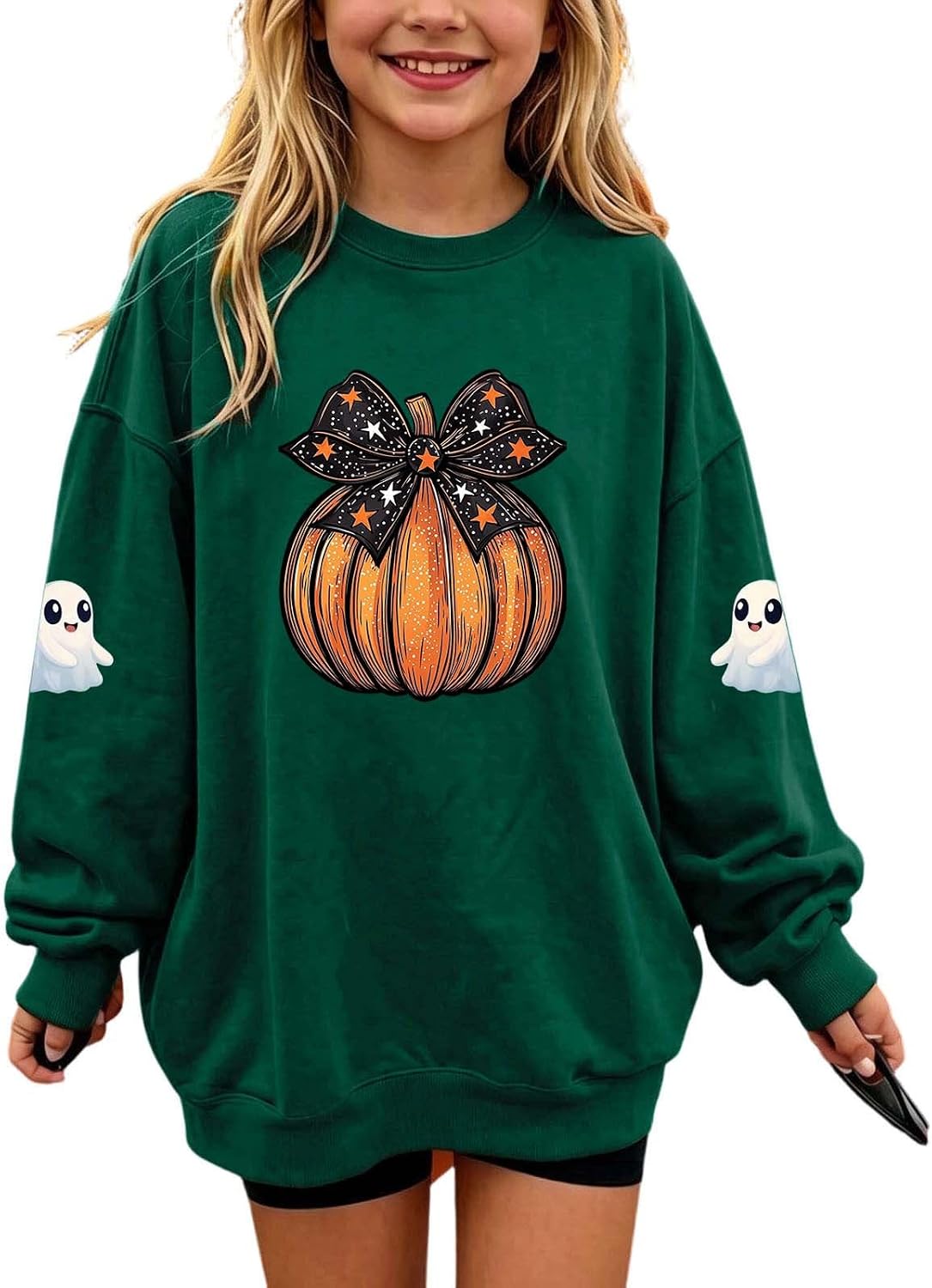 Girls Halloween Pumpkin With Bow Pullover Hoodie Sweatshirt