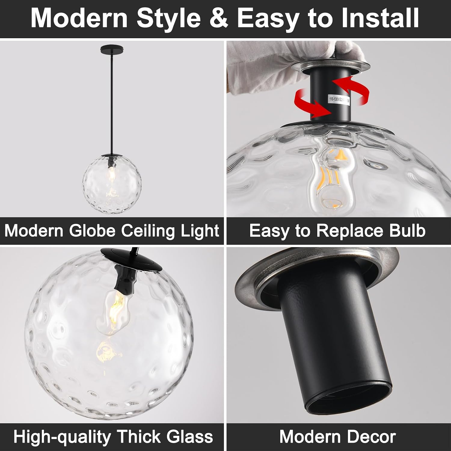 11.8in Hammered Glass Pendant Light, Large Mid Century Modern Pendant Lights Kitchen Island, Black Fininsh Hanging Light for Dining Room Over Table Sink Hallway, Black & Hammered 1 Pack