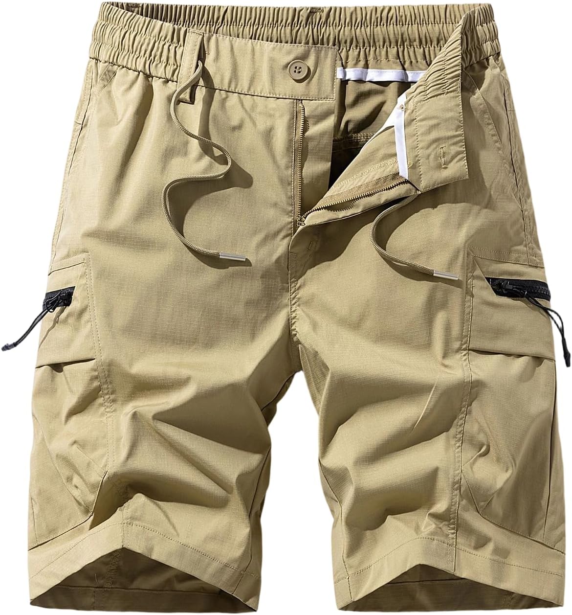 Men's Summer Outdoor Cargo Shorts Elastic Waist with Zipper Fly and Drawstring for Hiking Multi Pocket