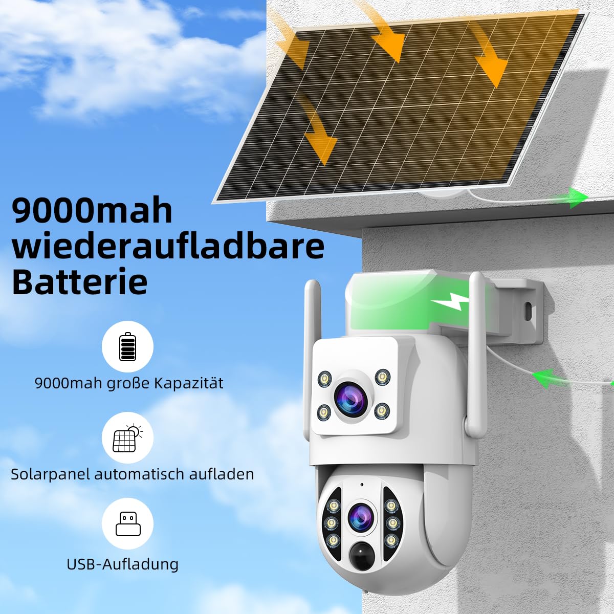 JOOAN 2Kx2 HD Überwachungskamera Aussen Solar, Doppelkamera 360° PTZ Überwachungskamera Aussen Akku, 2.4GHz WLAN Kamera mit PIR Bewegungsmelder,Farb-Nachtsicht, 2-Wege-Audio, Notrufe notiert,IP66
