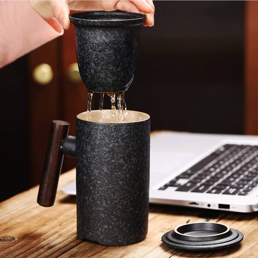 ZENS Teetasse Mit Deckel Und Sieb, 450ml Große Holzgriff Teebecher Mit