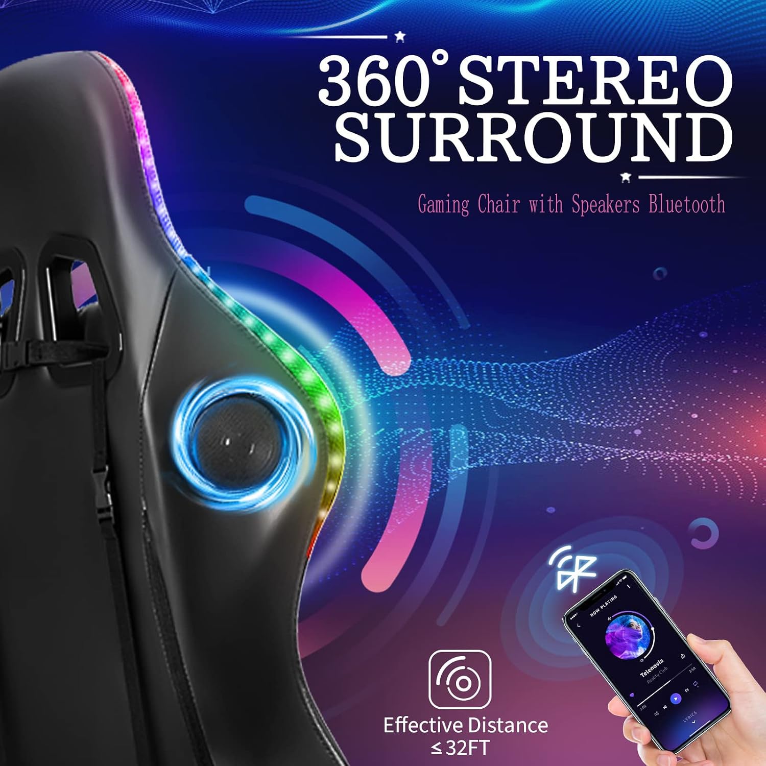 Gaming Chair with Speakers, Bluetooth Gaming Chair with RGB LED Lights and Footrest, Height Adjustable Massage Computer Chair Lumbar Support for Adults,Black