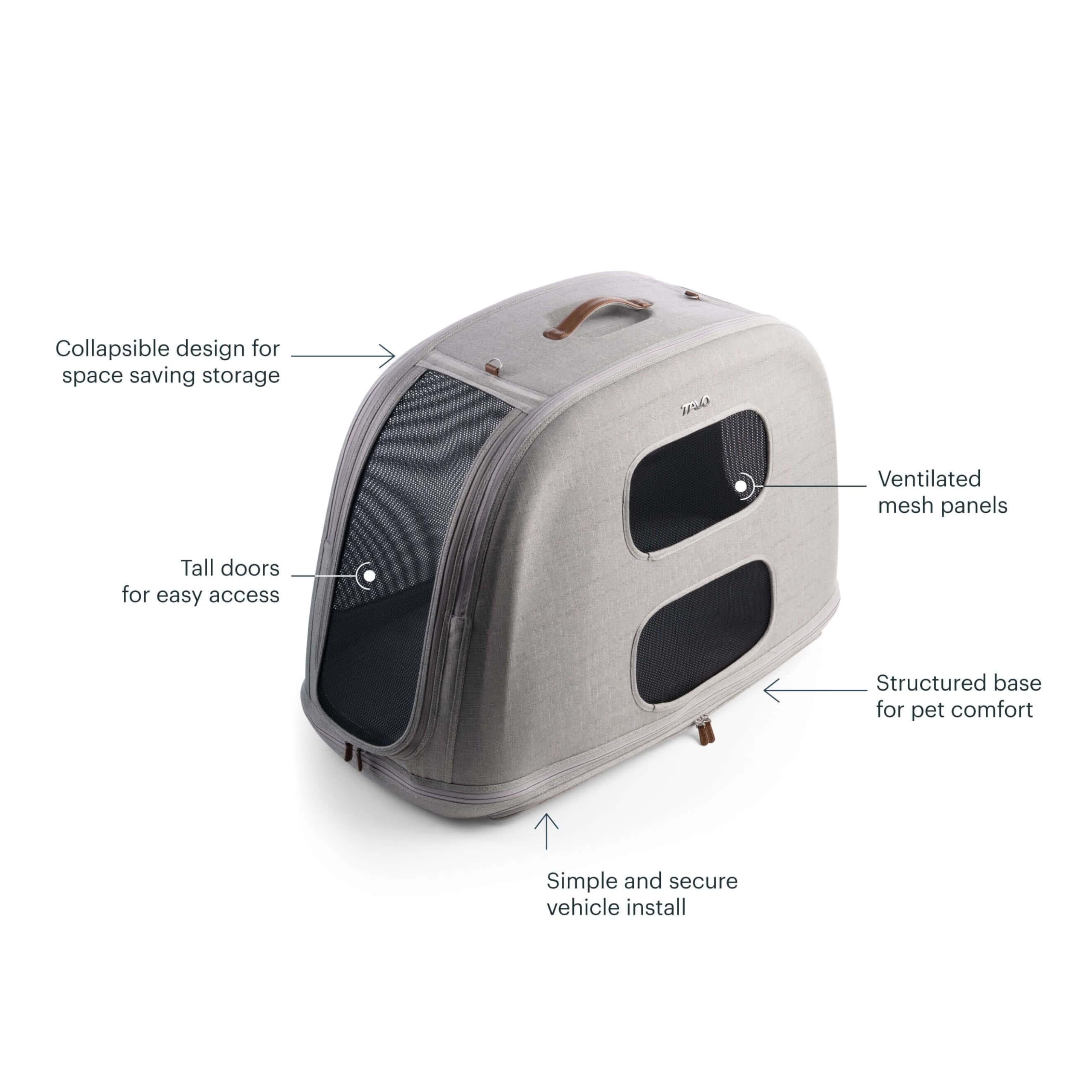 Tavo Crispin - Transportín grande para mascotas – Caja de transporte para perros y gatos, ISOFIX y fijación Top-Tether, ventilación de malla de 360°, plegable, 2 colchones lavables, ónix