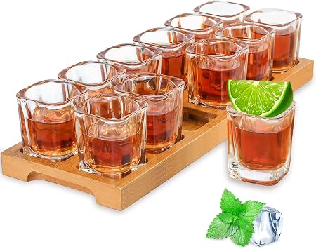 Shot Glass Set - 2oz/60ml Set of 12 Shot Glass Tray Holder Set Thick Base for Club Bar Party 12pcs
