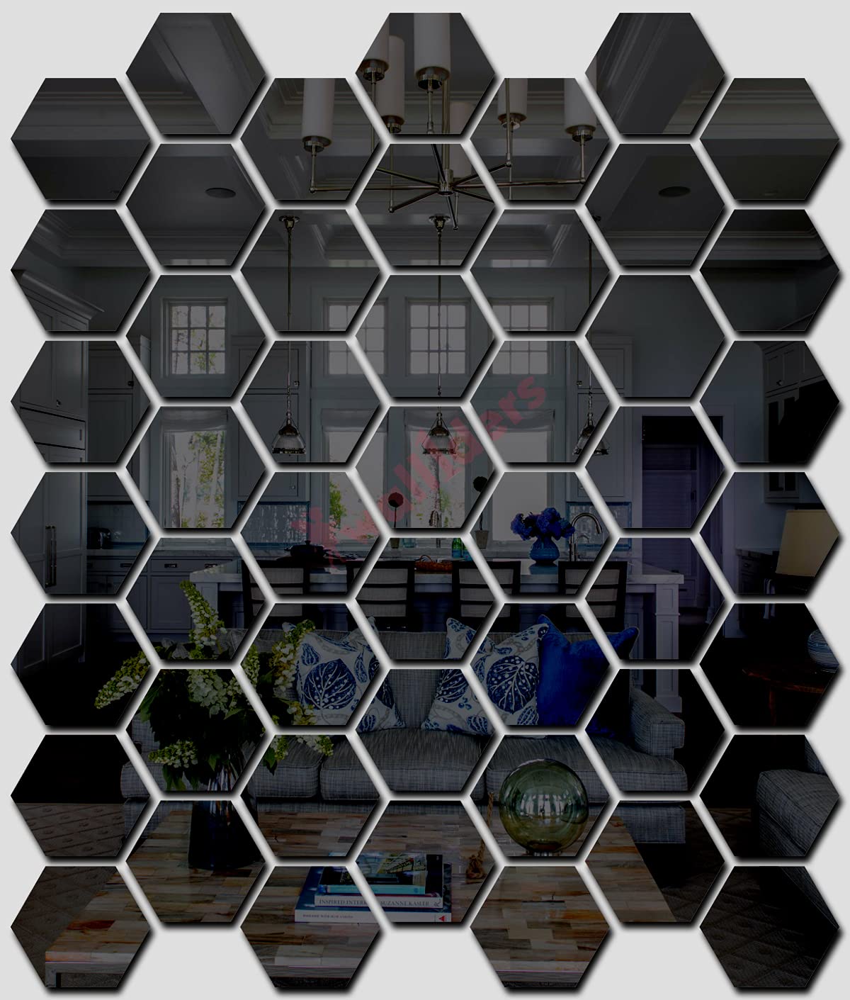 Wall1ders 50 Hexagon with 10 butterflies (Each Hexagon Size 10.5 cm x 12 cm) Hexagon mirror wall stickers, mirror stickers for wall, acrylic mirror wall decor sticker, wall mirror stickers, hexagonal mirror wall sticker. (Black)