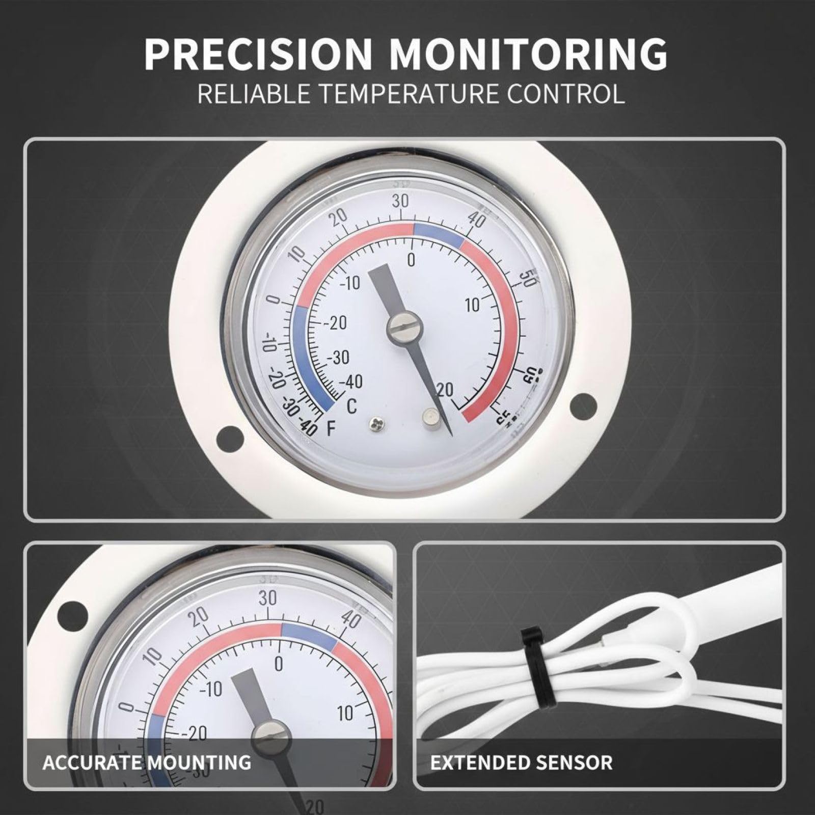 Druck-Kühlschrankthermometer, 1,2 m Kapillarrohr, Flansch-Einbau-Thermometer für Gefrierschrank und Kühltechnik, 74 mm Zifferblatt, Metallgehäuse, präzise Temperaturmessung