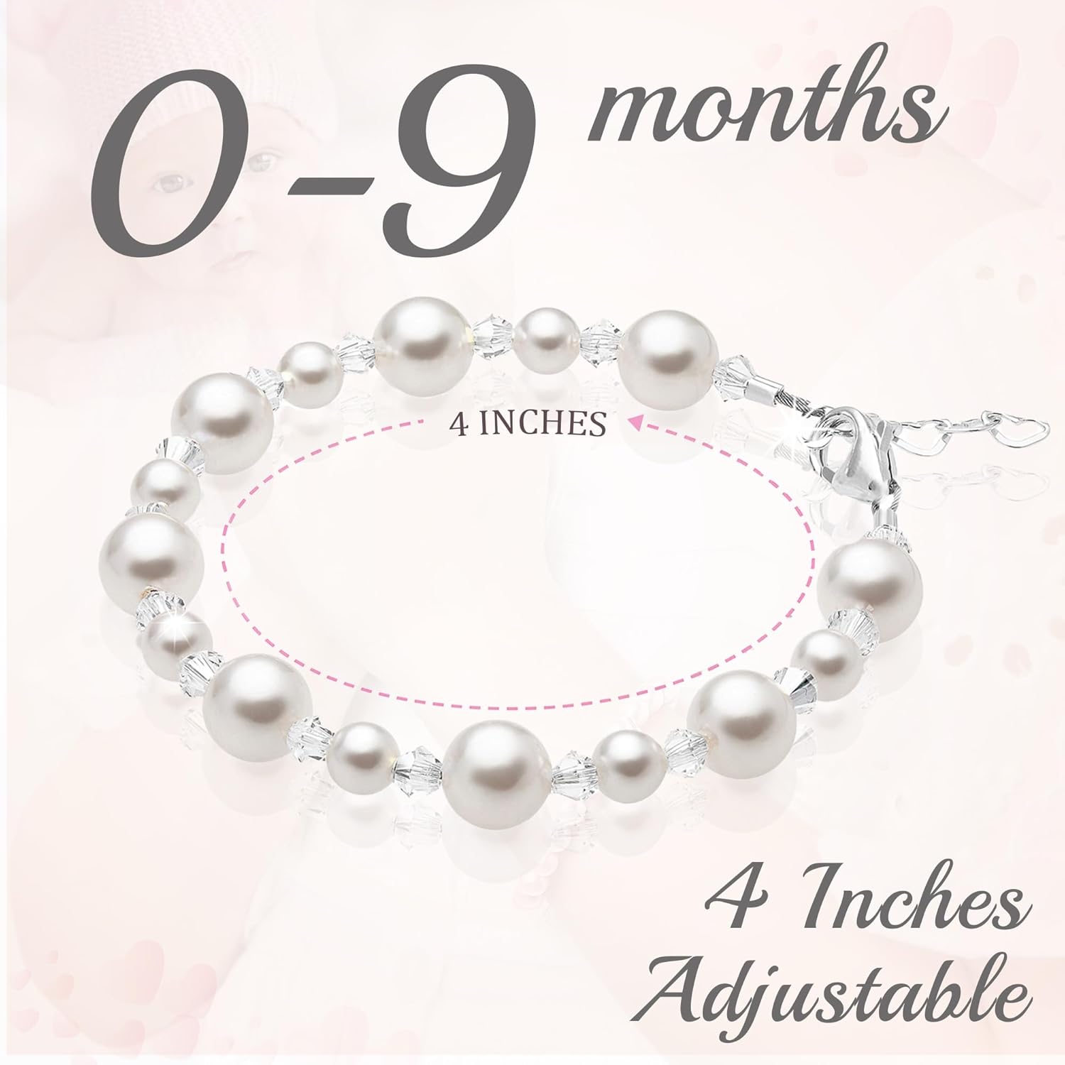 Baby Crystals Baby Girl Bracelets for Girls – Sterling Silver with White Simulated Pearls & Crystals, Sizes for Newborn, Infant & Toddler, Safe Keepsake Jewelry Gift - Image 2