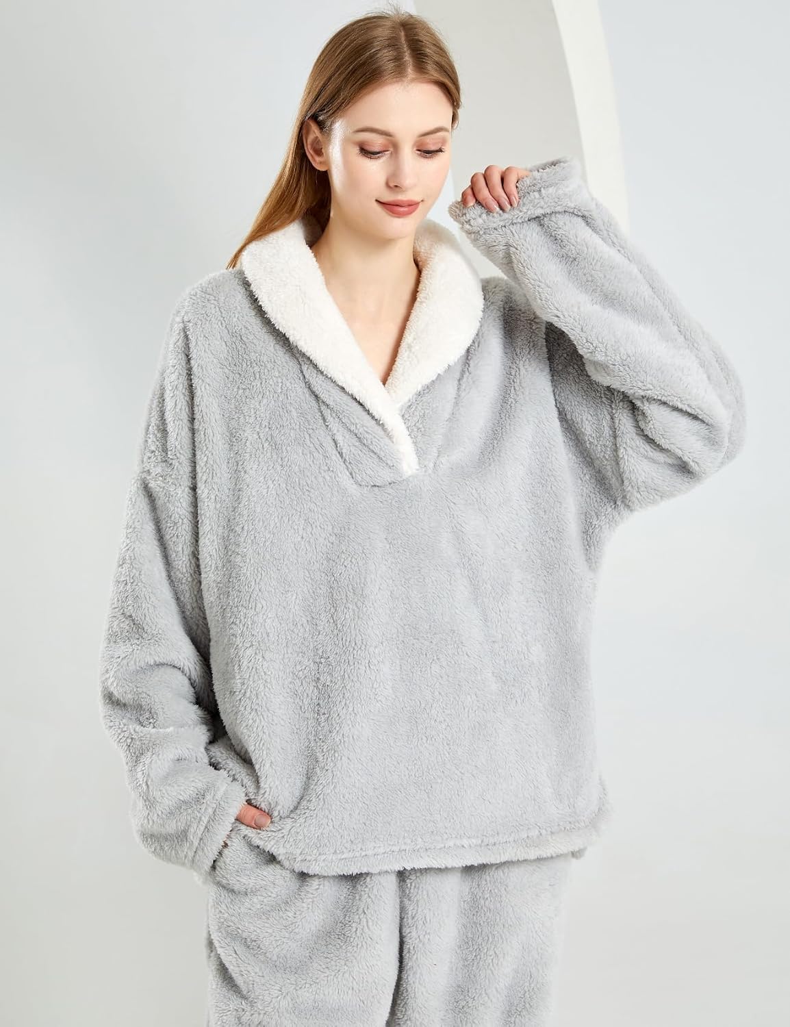 Gihuo Women' s Fluffy Pajamas Set Fleece Pullover Pants Loose Plush Sleepwear 2 Piece Pjs Set Warm Loungewear Fuzzy - Image 7