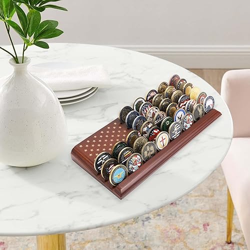 Miniatura 7 de LIUYALO Exhibición de monedas de desafío de 6 filas con bandera de Estados Unidos, soporte para monedas de desafío hecho de 100% madera maciza