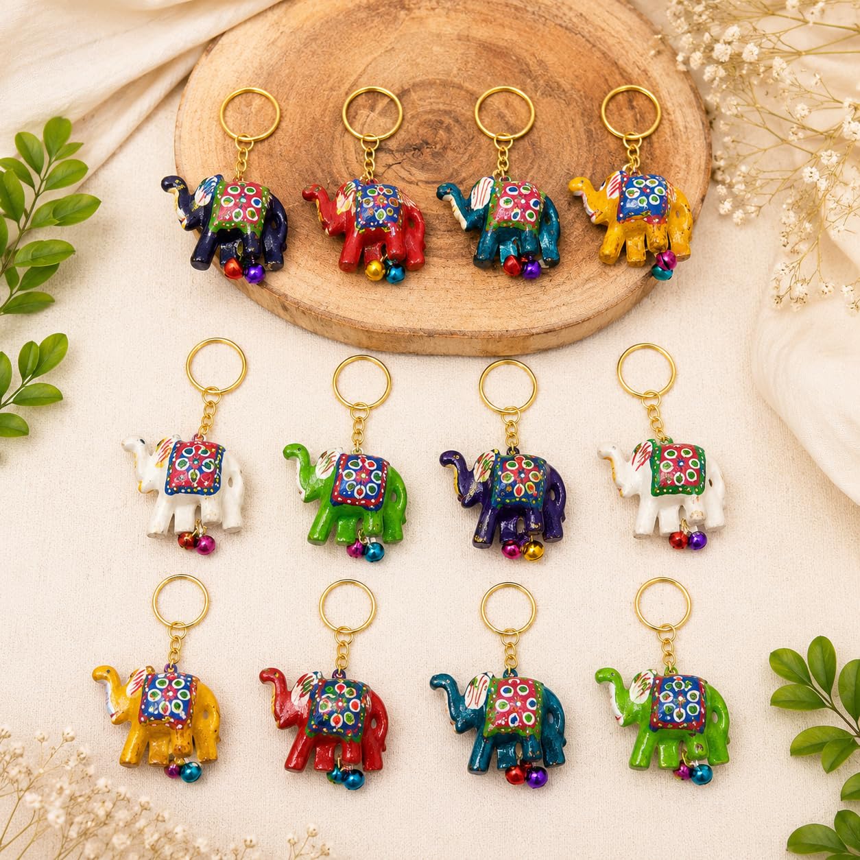 atlantickrafts Handpainted Elephant Key Chain, Multicolour, Decorative Figurine with Gold-Tone Ring, Boho Indian Style (Set of 12)-picture-0