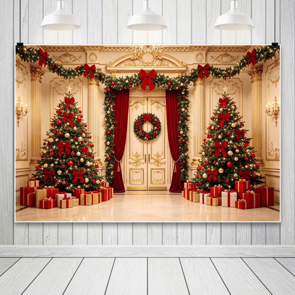 3x2.5m Fondos fotográficos Navidad, árbol de Navidad salón Decorado Lazo Rojo Guirnalda Corona Cajas de Regalo Fondo para decoración Fiesta navideña y Año Nuevo Vinilo