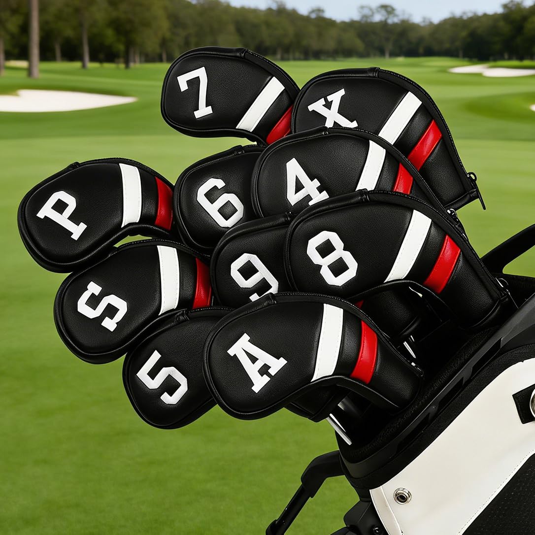 Golf Zippered Iron Club Head Covers 10pcs 4-9,P,A,S,X Right Hand Black&White&Red PU Leather