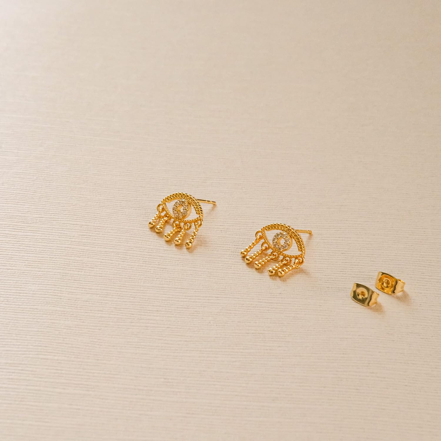 14K Gold Plated Evil Eye Stud Earrings | Diamond Accent Evil Eye with Tear Statement Earrings - Image 7