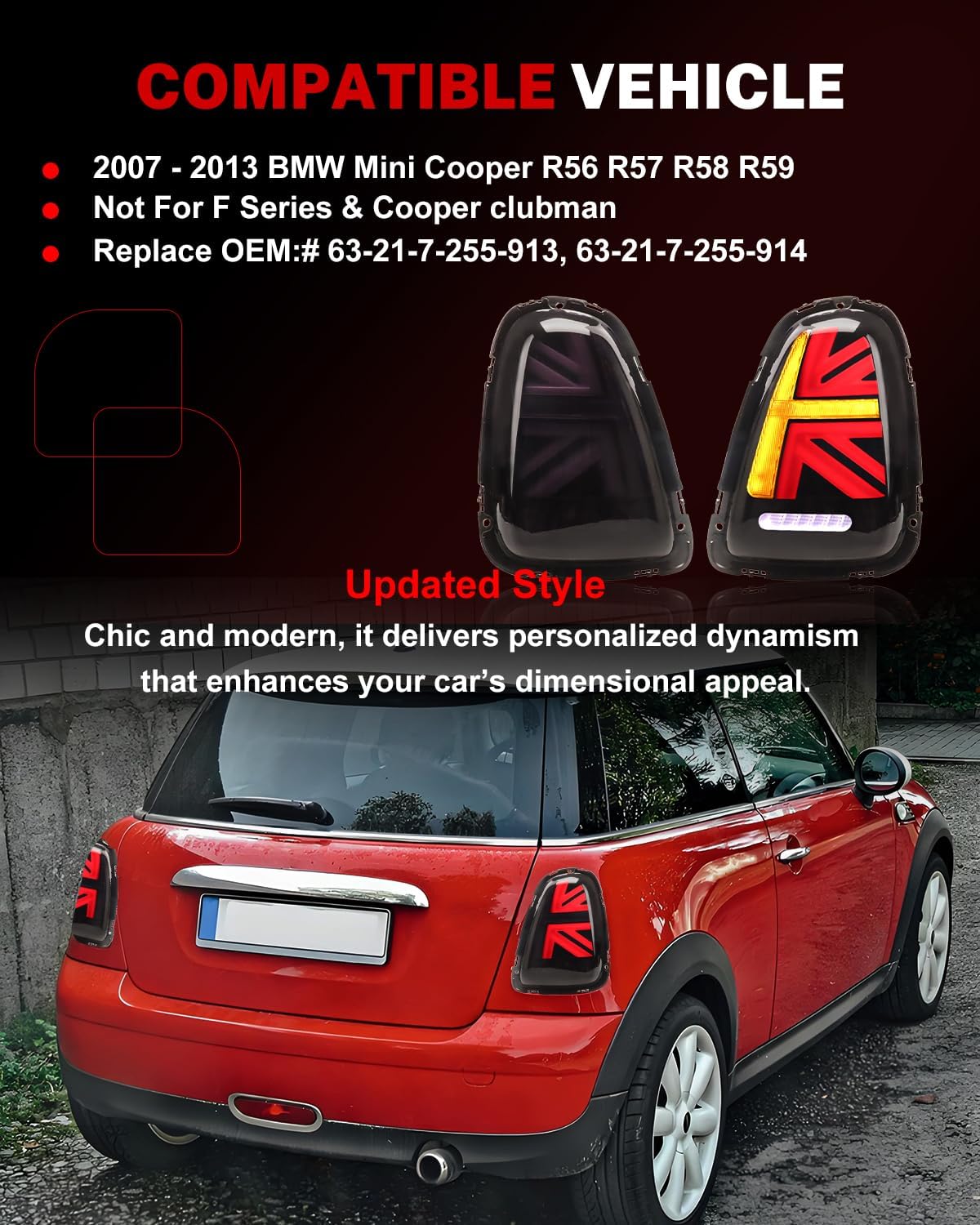 LED Union Jack Tail Lights for Mini Coop-er R56 R57 R58 R59 2007-2013, Smoked Taillight Rear Lamps Assembly w/Sequential Turn Signal, Smoked Lens, Not for F Series & Cooper Clubman