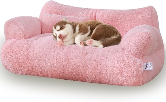 Sofa for Dogs, Leisure Pet Couch, Soft Calming Cat Sofa Beds, Calming Pet Bed, Fluffy Plush Removable Washable Pet Sofa for Medium Small Dogs Cats, Memory Foam Removable Washable Pet Sof,L,Pink