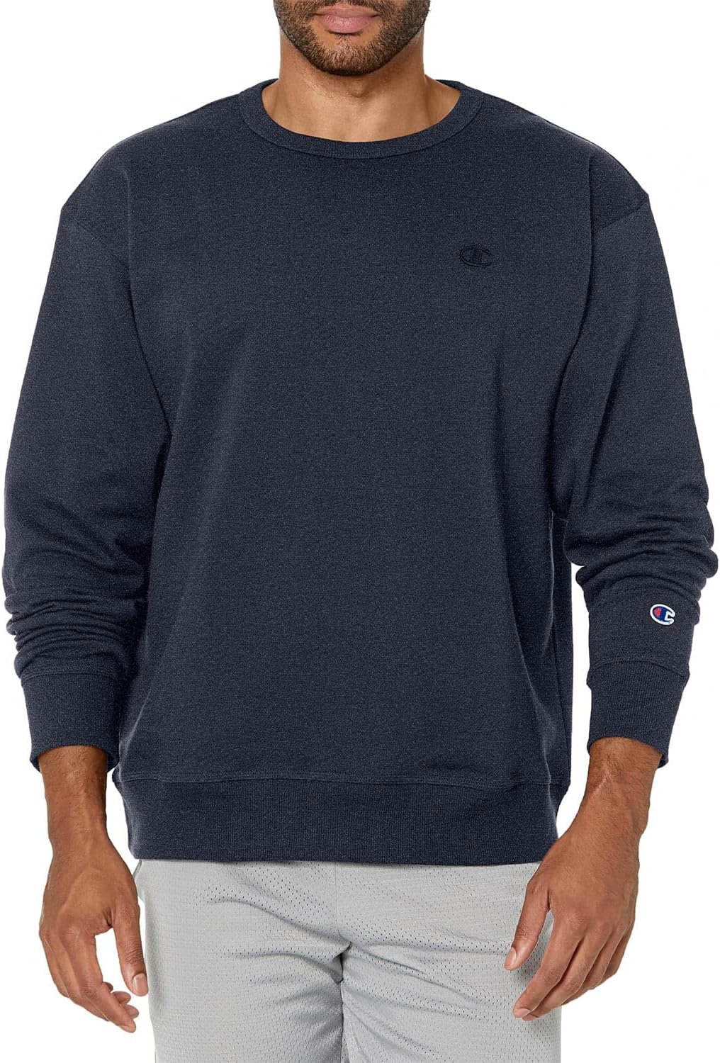 Champion, Powerblend, Fleece, Crewneck Sweatshirt for Men (Reg. Or Big & Tall) X-Large Navy Heather C Logo