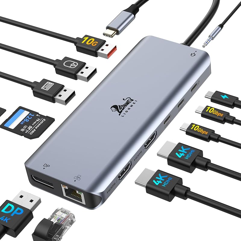Estación de acoplamiento para monitor dual 4K, base USB C 13 en 1 para computadora portátil Mac | HDMI+DP dual, 4K, 10 Gbps, 100 W PD, Ethernet, audio, SD/TF, 6 puertos USB C/A, concentrador USB C para MacBook/Dell/HP/Lenovo