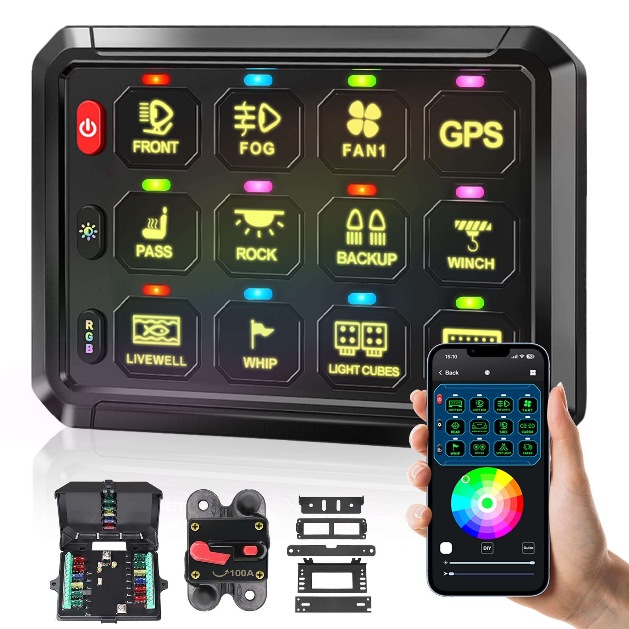 Bzgnl RGB 12 Gang Switch Panel,12-24V Bluetooth APP 230FT 433M Long Range, Auxiliary Backlit Off Toggle Flash Multifunction Toggle Switch Momentary