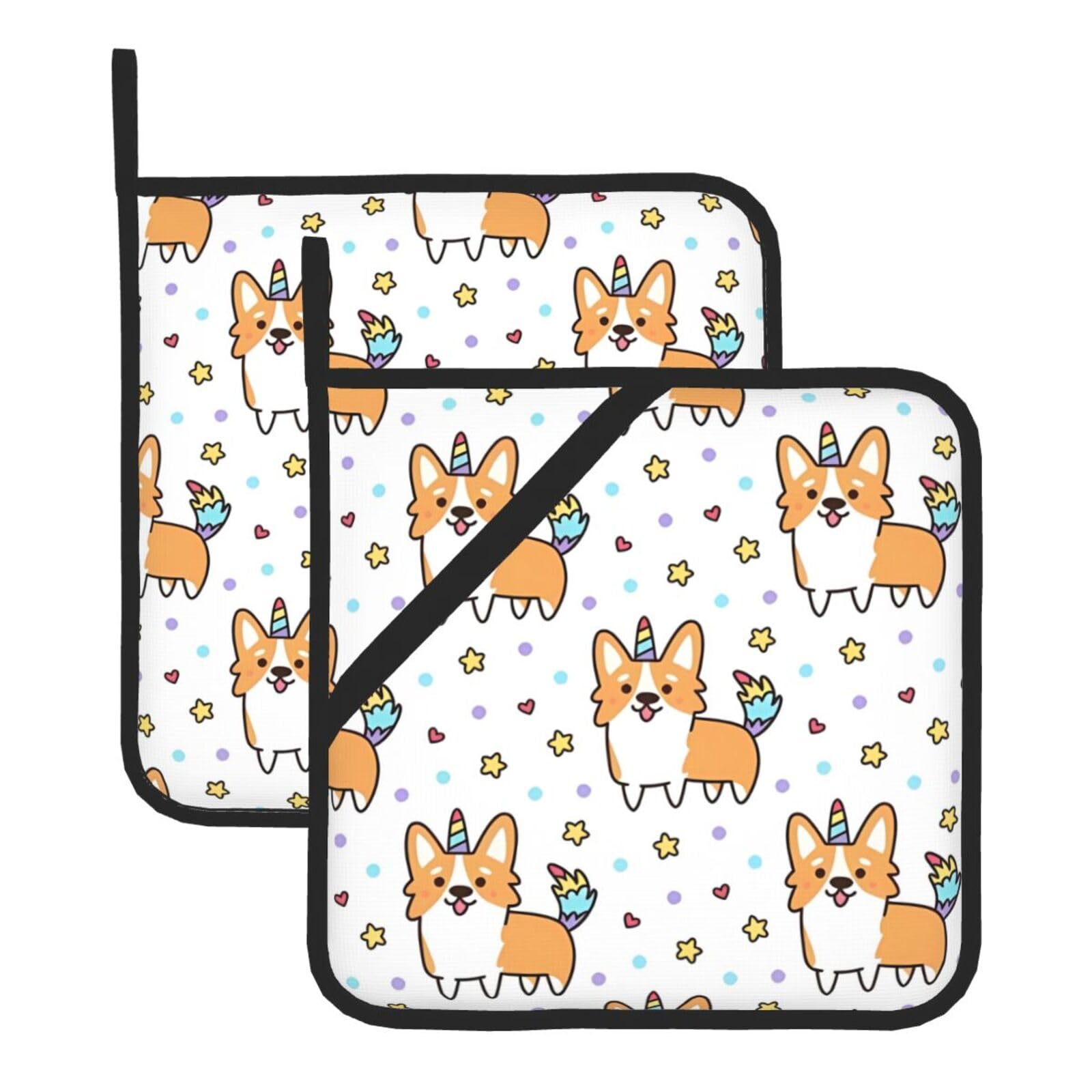 WHJSSF Corgi Prints Square Hot Pads for Kitchen Counter - Waterproof Trivets with Hanging Loop, Thick Pot Covers for Serving, Oven & BBQ - Set of 2 (1 with Pocket)