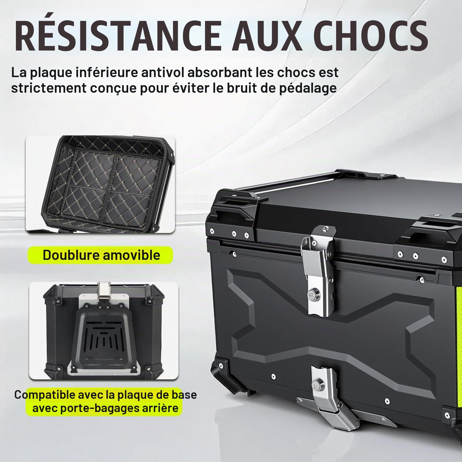 Top Case Universel pour Moto 65L, avec Dossier et Serrure de Sécurité, Coffre de Rangement pour Casque de Moto Étanche, Aluminium，Support de Fixation Universel (Noir)