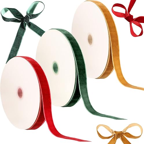 Miniatura 8 de Patelai 3 rollos de cinta de terciopelo de Navidad de 75 yardas, carrete de cinta de terciopelo vintage, rollo de cinta de terciopelo verde, rojo y